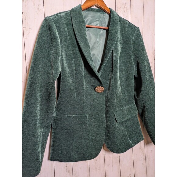 Green Velvet Blazer Jacket Gold Buttons Size XL Witchy Holiday Party Glam Sexy - Picture 2 of 8